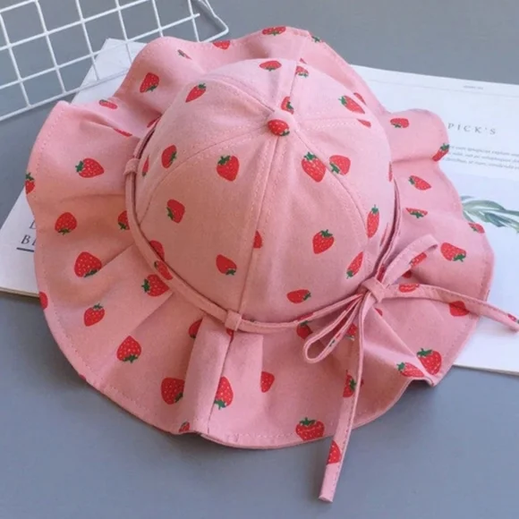 Cherry Print Bucket Hat Kids Beach Sun Bonnet Fisherman Pink Summer Bow Cap - Picture 1 of 3